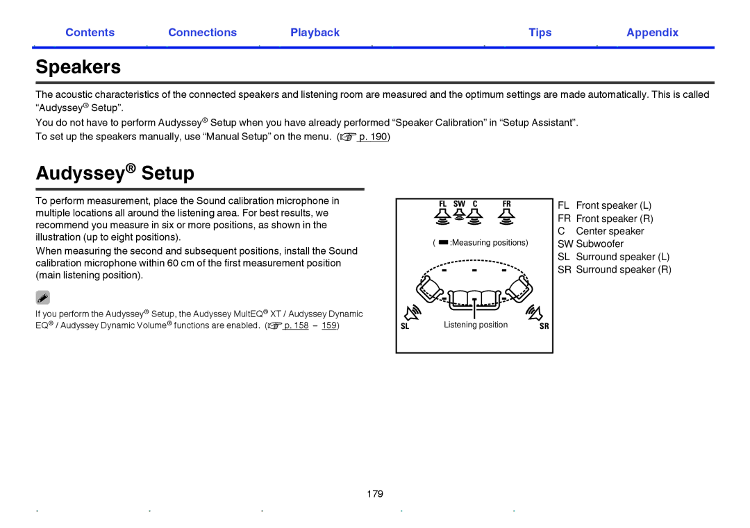 Marantz SR6009 owner manual Speakers, Audyssey Setup 