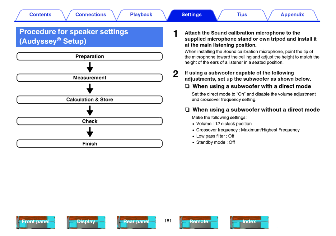 Marantz SR6009 owner manual Procedure for speaker settings Audyssey Setup, Check, Finish 