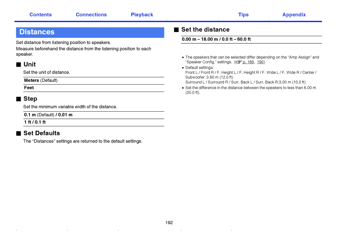 Marantz SR6009 owner manual Distances, Unit, Step, Set the distance 