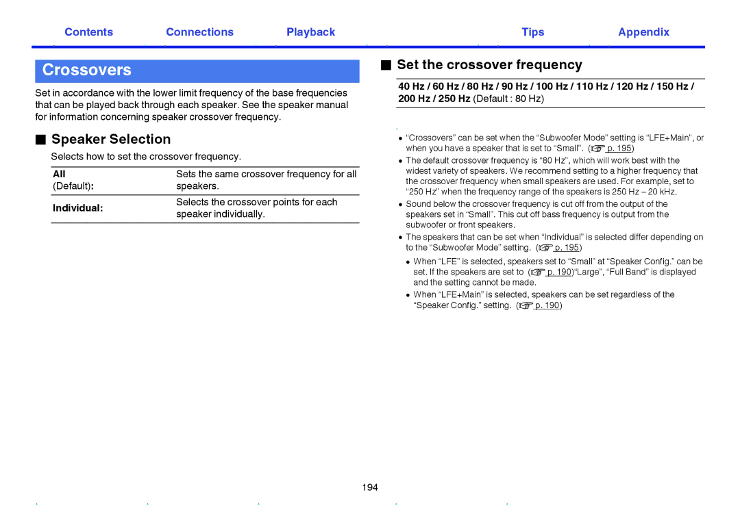 Marantz SR6009 owner manual Crossovers, Set the crossover frequency, Individual 