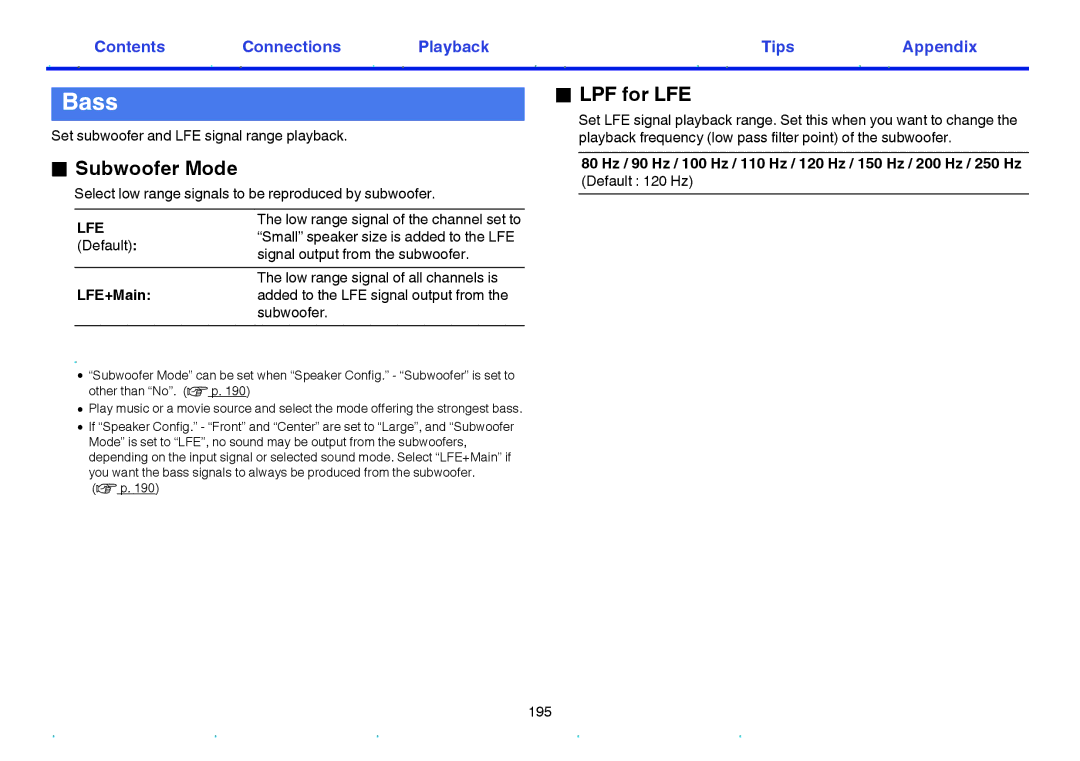 Marantz SR6009 owner manual Bass, Subwoofer Mode, LPF for LFE, LFE+Main 