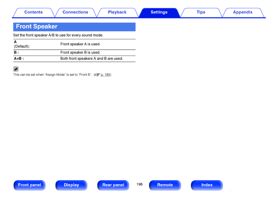 Marantz SR6009 owner manual Front Speaker, Set the front speaker A/B to use for every sound mode, Front speaker a is used 