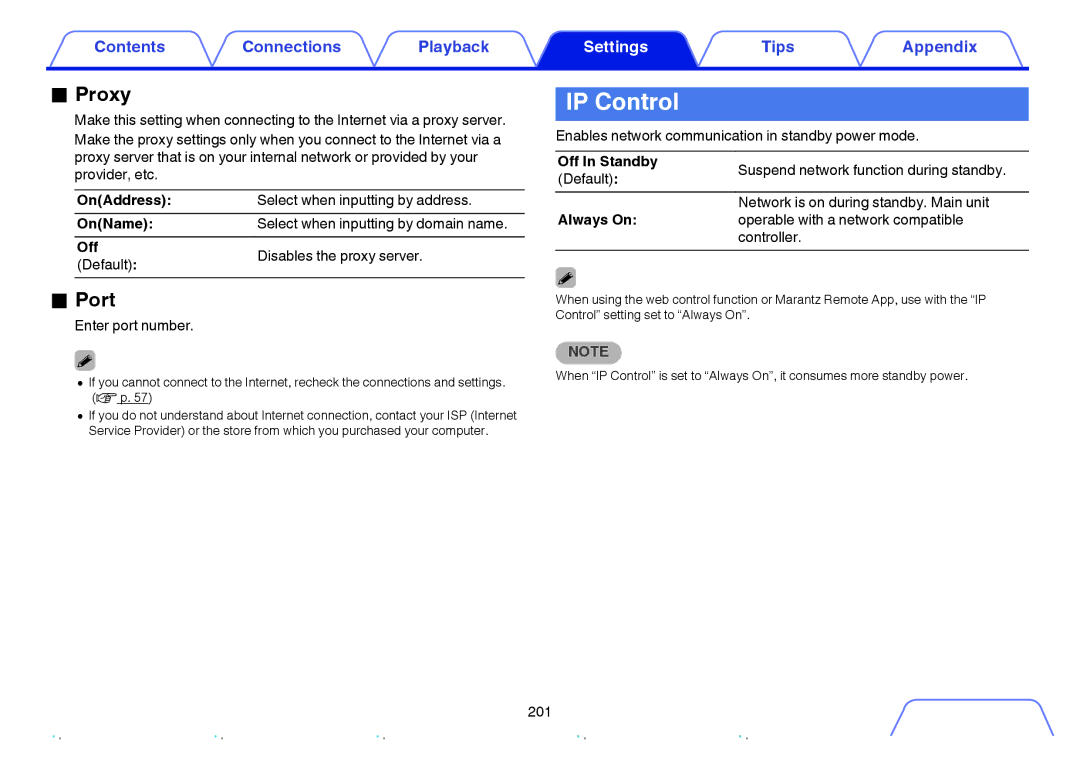 Marantz SR6009 owner manual IP Control, Proxy, Port, Off In Standby 