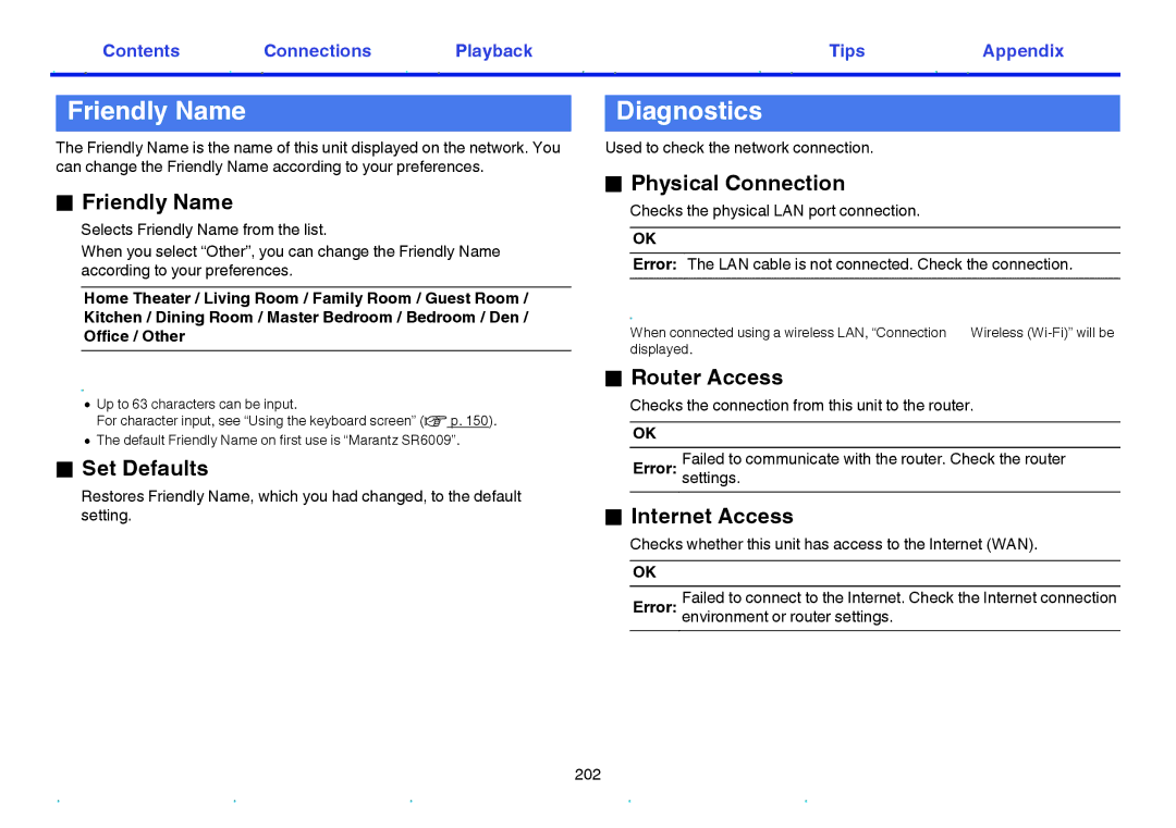 Marantz SR6009 owner manual Friendly Name, Diagnostics 