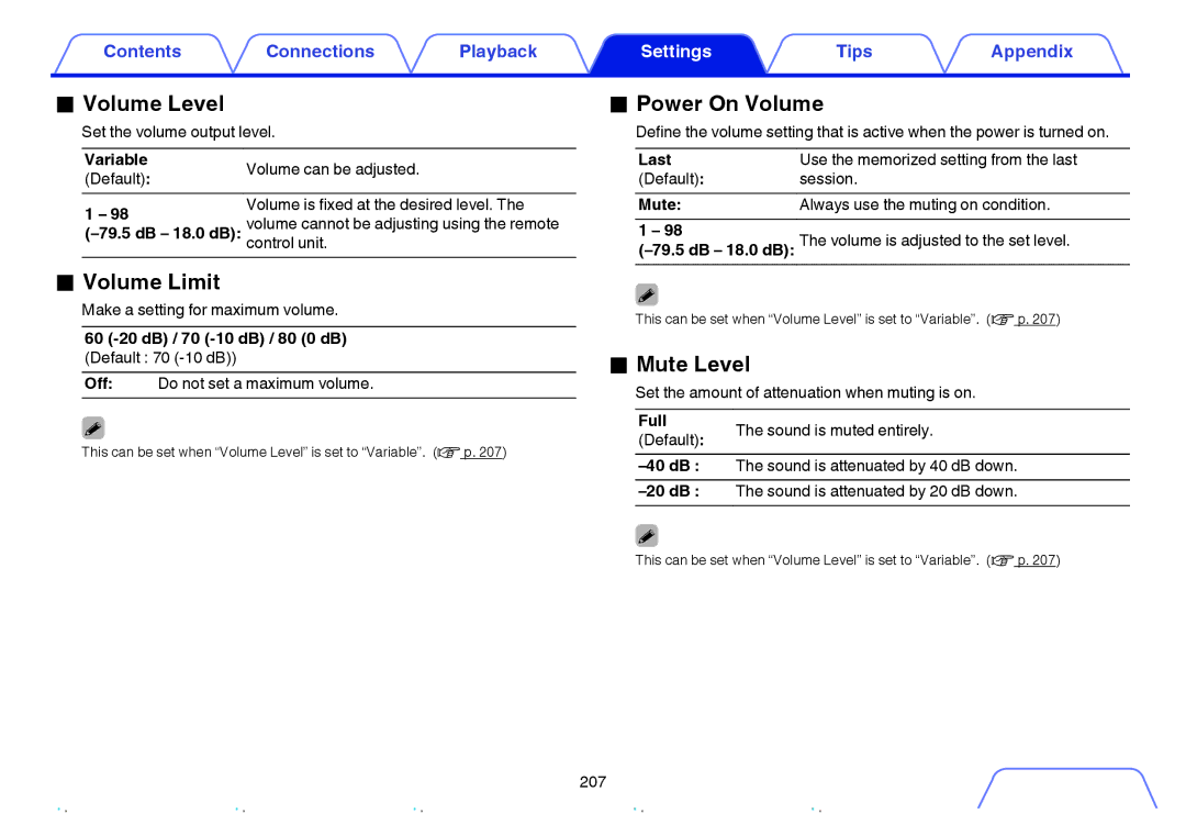 Marantz SR6009 owner manual Volume Level, Volume Limit, Power On Volume, 60 -20 dB / 70 -10 dB / 80 0 dB Default 70 -10 dB 