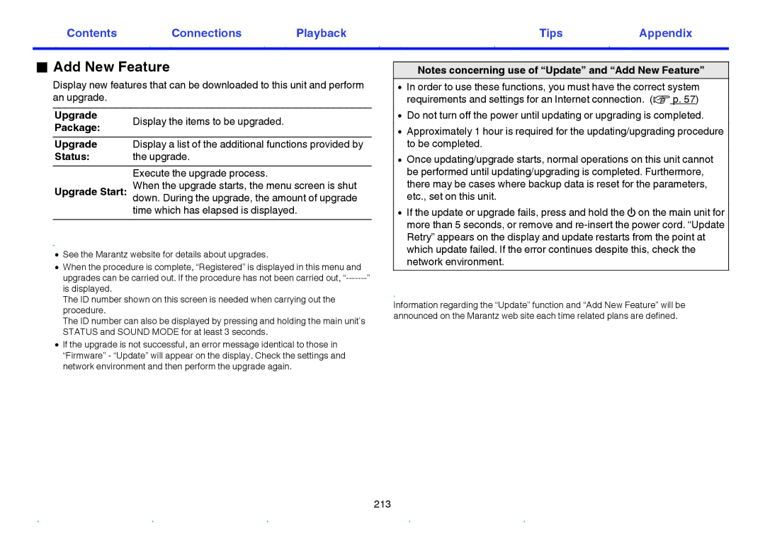 Marantz SR6009 owner manual Add New Feature, Upgrade Display the items to be upgraded Package, Status Upgrade 