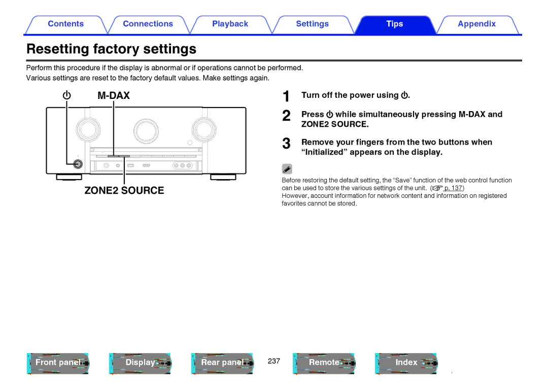 Marantz SR6009 owner manual Resetting factory settings, DAX ZONE2 Source 