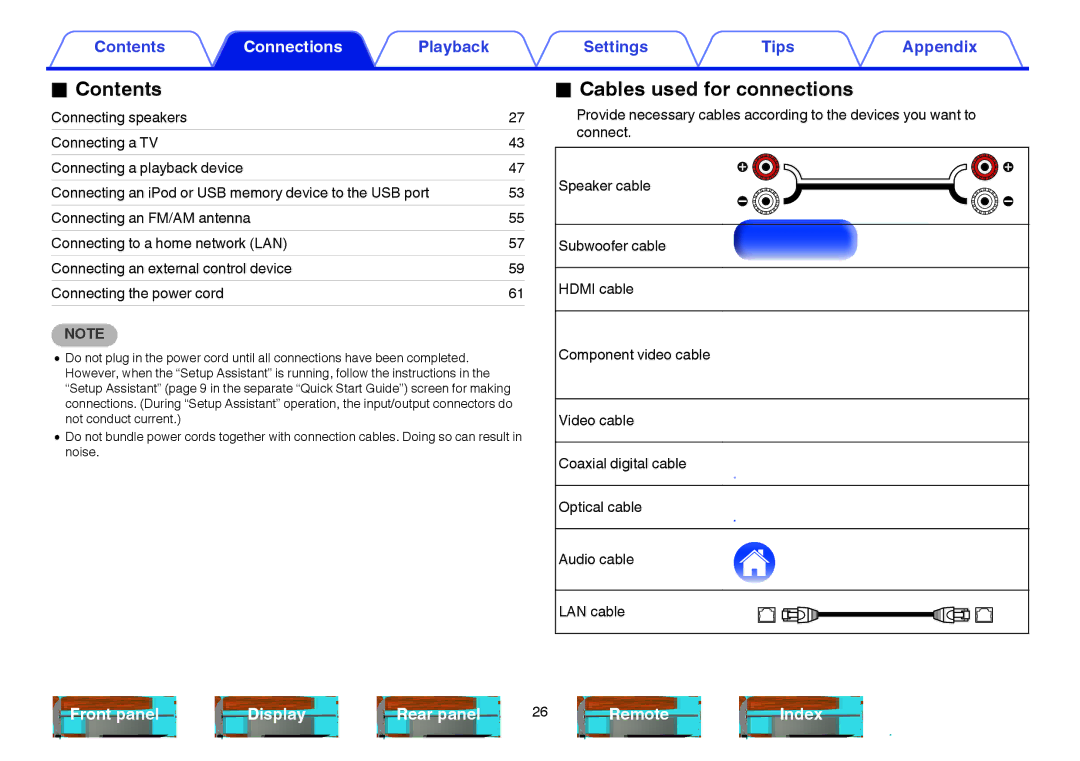 Marantz SR6009 owner manual Contents, Cables used for connections 