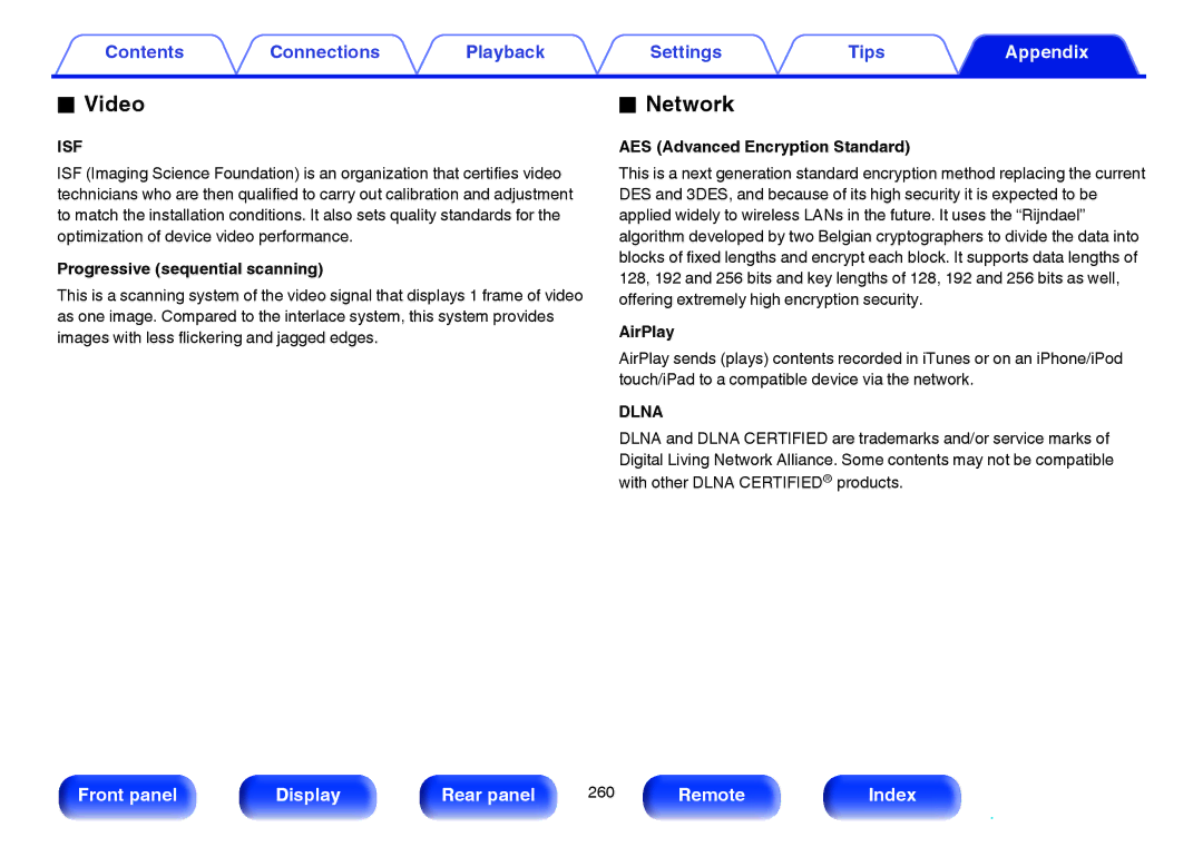 Marantz SR6009 owner manual Network, Progressive sequential scanning, AES Advanced Encryption Standard, AirPlay 