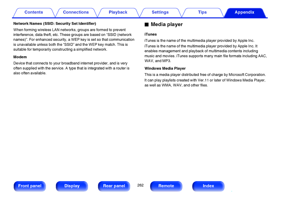 Marantz SR6009 owner manual Media player, Network Names Ssid Security Set Identifier, Modem, ITunes, Windows Media Player 