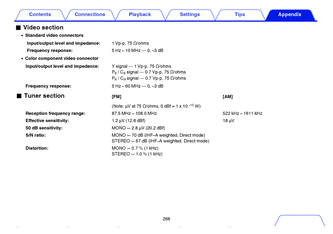 Marantz SR6009 owner manual Video section, Tuner section 