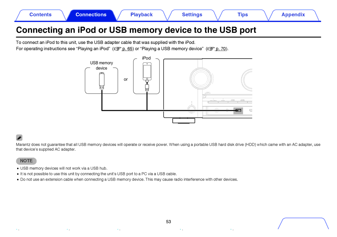 Marantz SR6009 owner manual Connecting an iPod or USB memory device to the USB port, USB memory Device IPod 