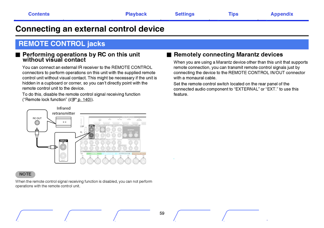 Marantz SR6009 Connecting an external control device, Remote Control jacks, Remotely connecting Marantz devices 