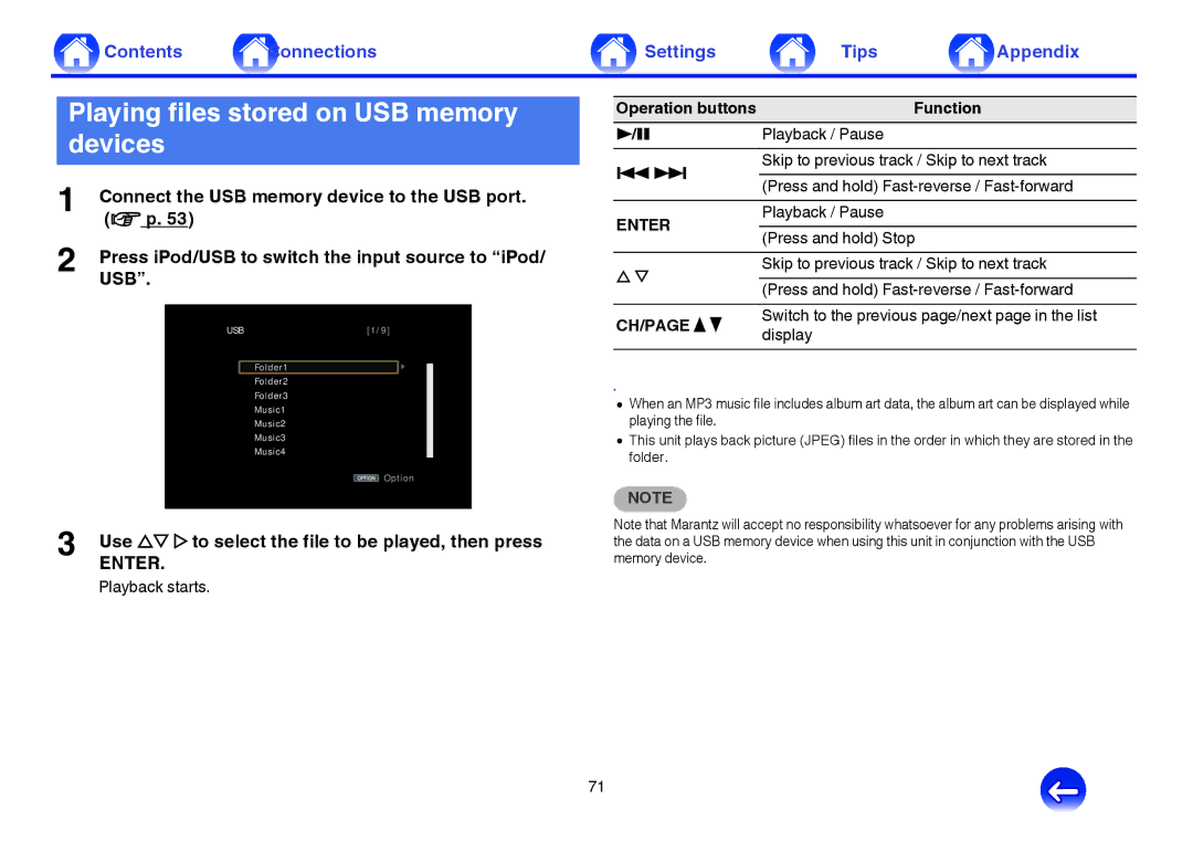 Marantz SR6009 owner manual Playing files stored on USB memory devices, Function 