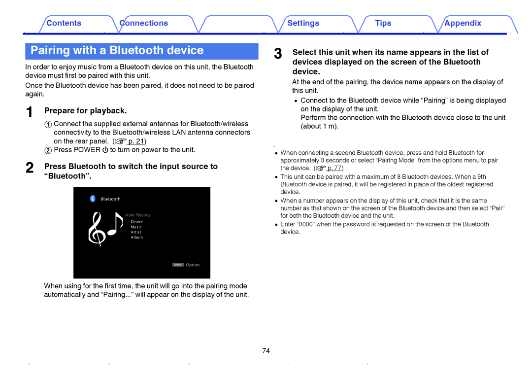 Marantz SR6009 owner manual Pairing with a Bluetooth device, Press Bluetooth to switch the input source to Bluetooth 