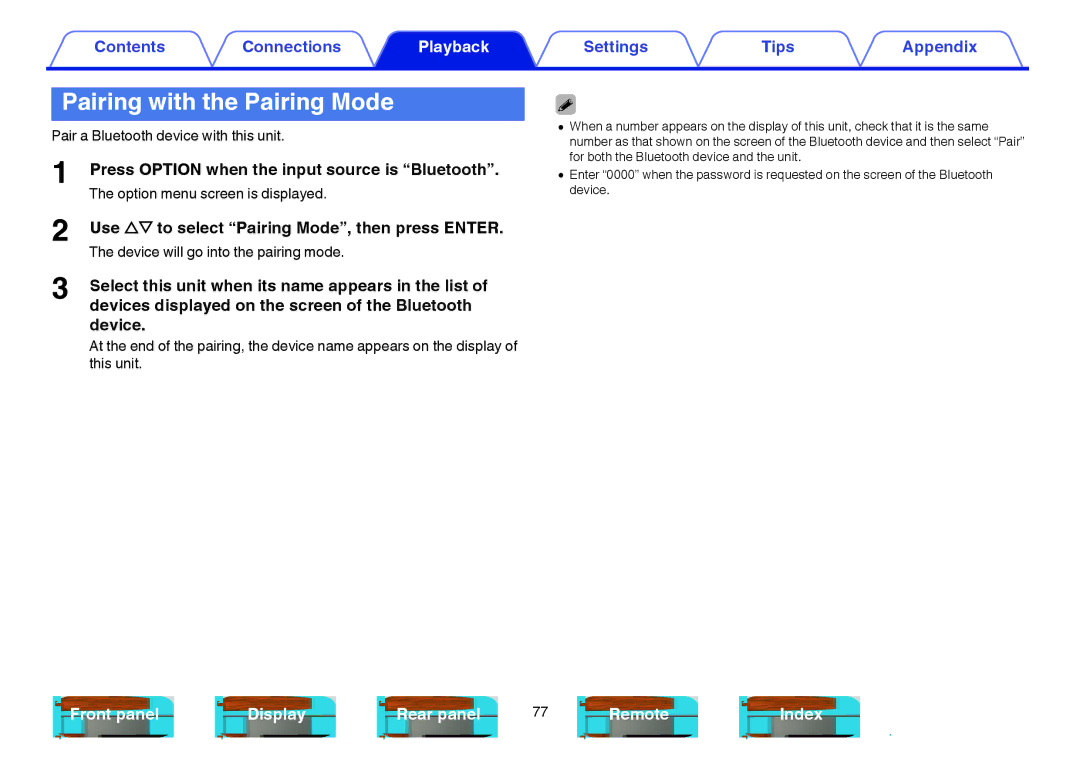 Marantz SR6009 owner manual Pairing with the Pairing Mode, Press Option when the input source is Bluetooth 