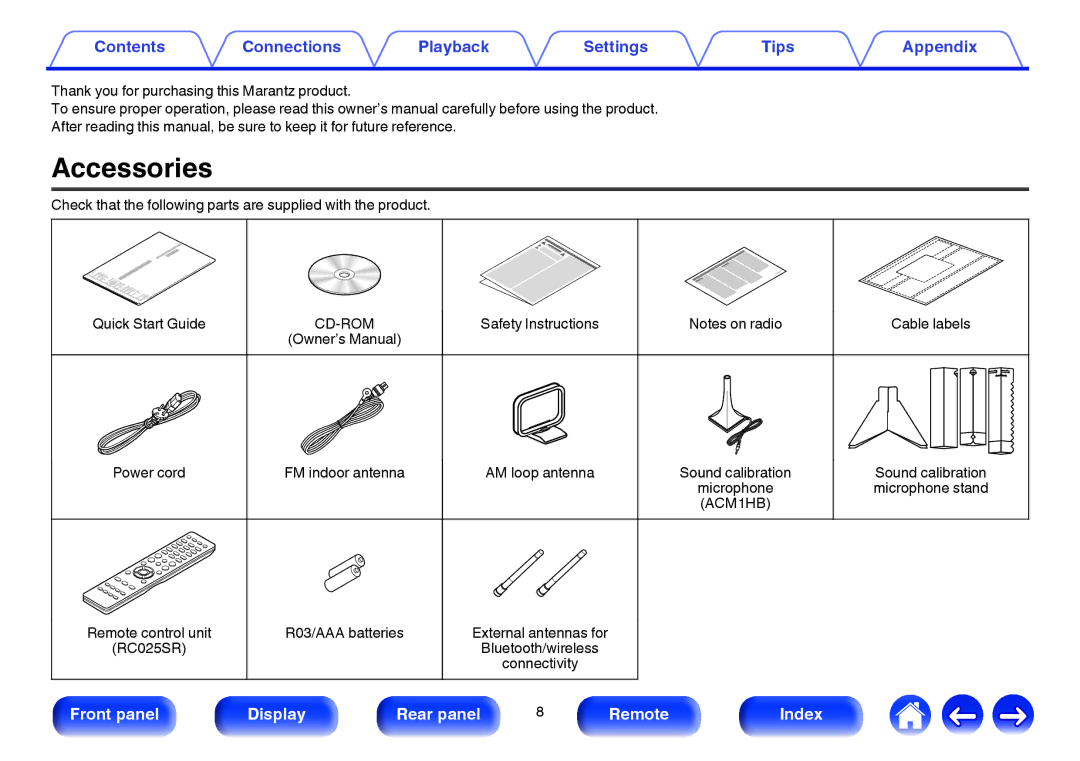 Marantz SR6009 owner manual Accessories, Cable labels, FM indoor antenna, RC025SR 