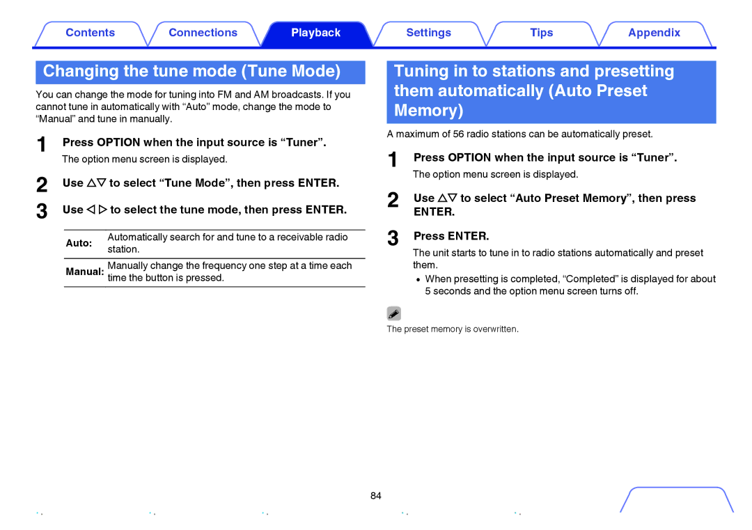 Marantz SR6009 owner manual Changing the tune mode Tune Mode, Use ui to select Auto Preset Memory, then press 