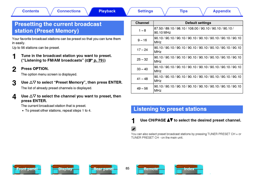 Marantz SR6009 owner manual Presetting the current broadcast station Preset Memory, Listening to preset stations 