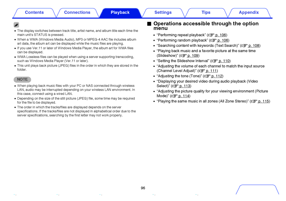 Marantz SR6009 owner manual Operations accessible through the option menu 