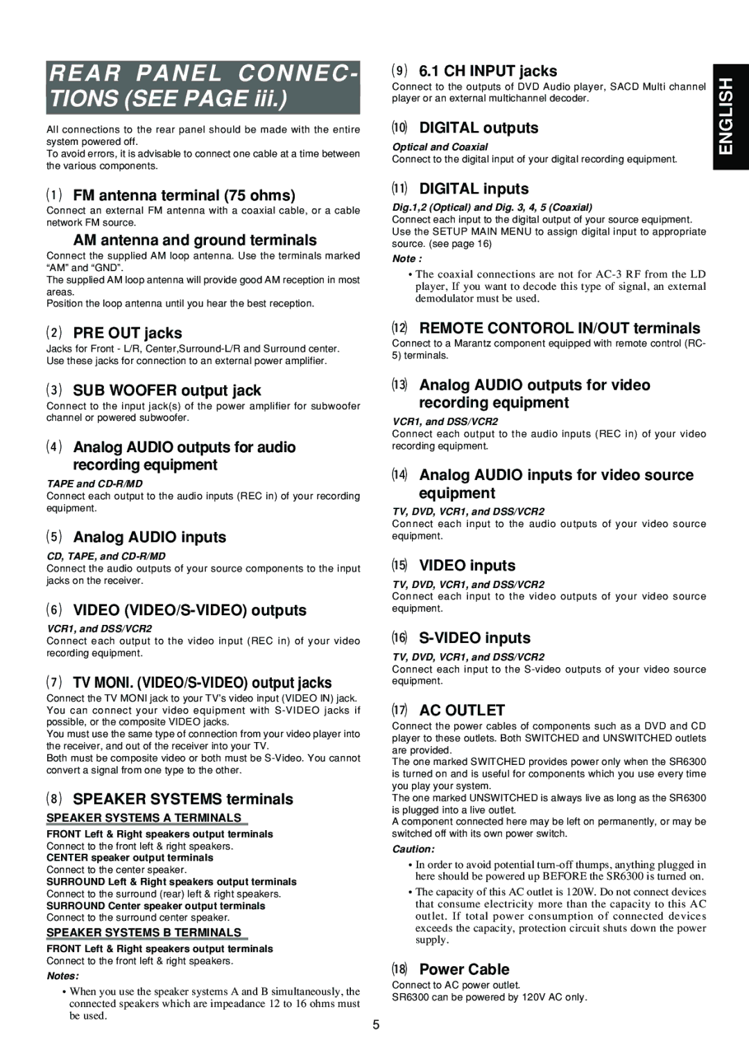 Marantz SR6300 manual ¡7AC Outlet, Speaker Systems a Terminals, Speaker Systems B Terminals 