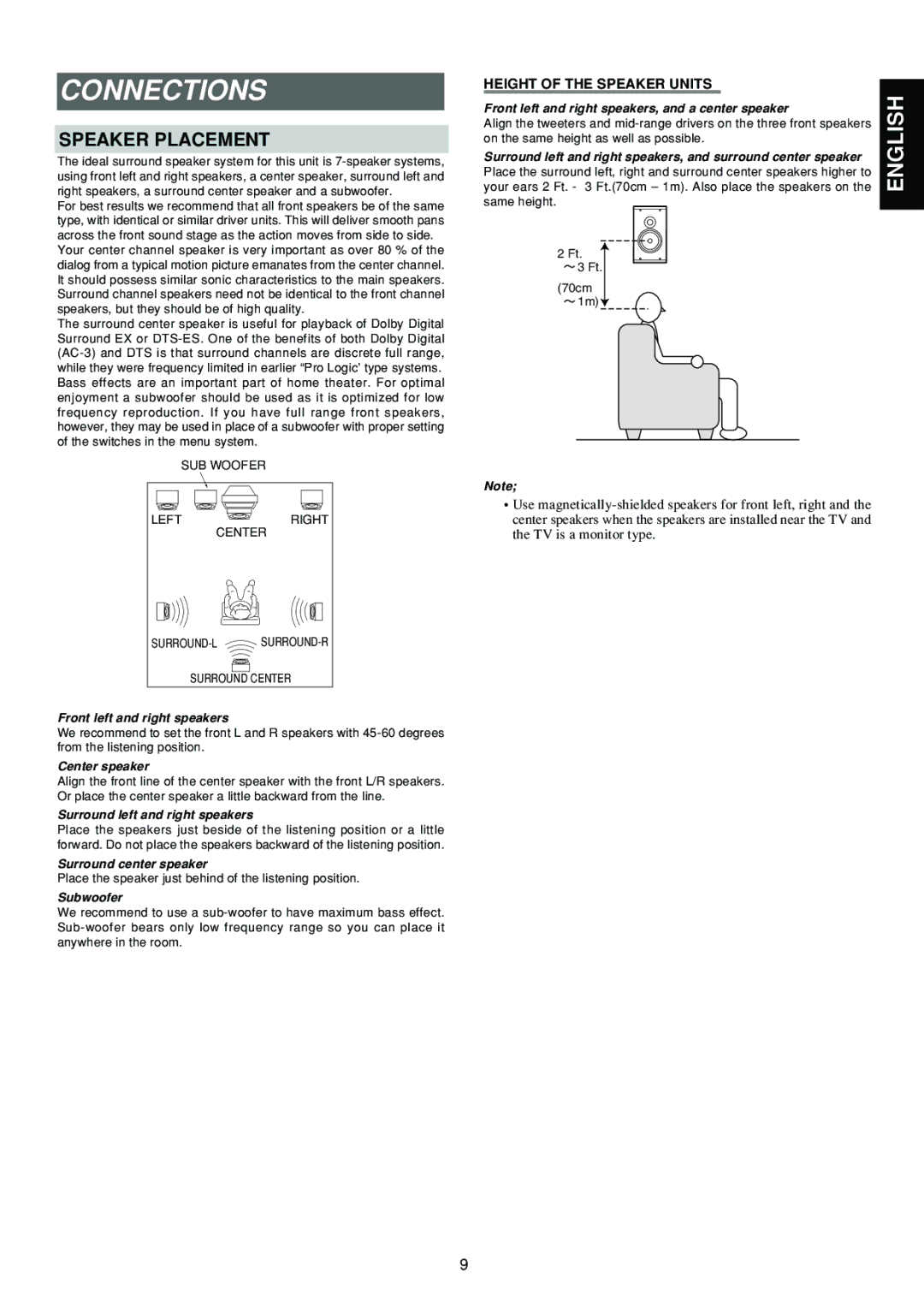 Marantz SR6300 manual Connections, Speaker Placement, Height of the Speaker Units 