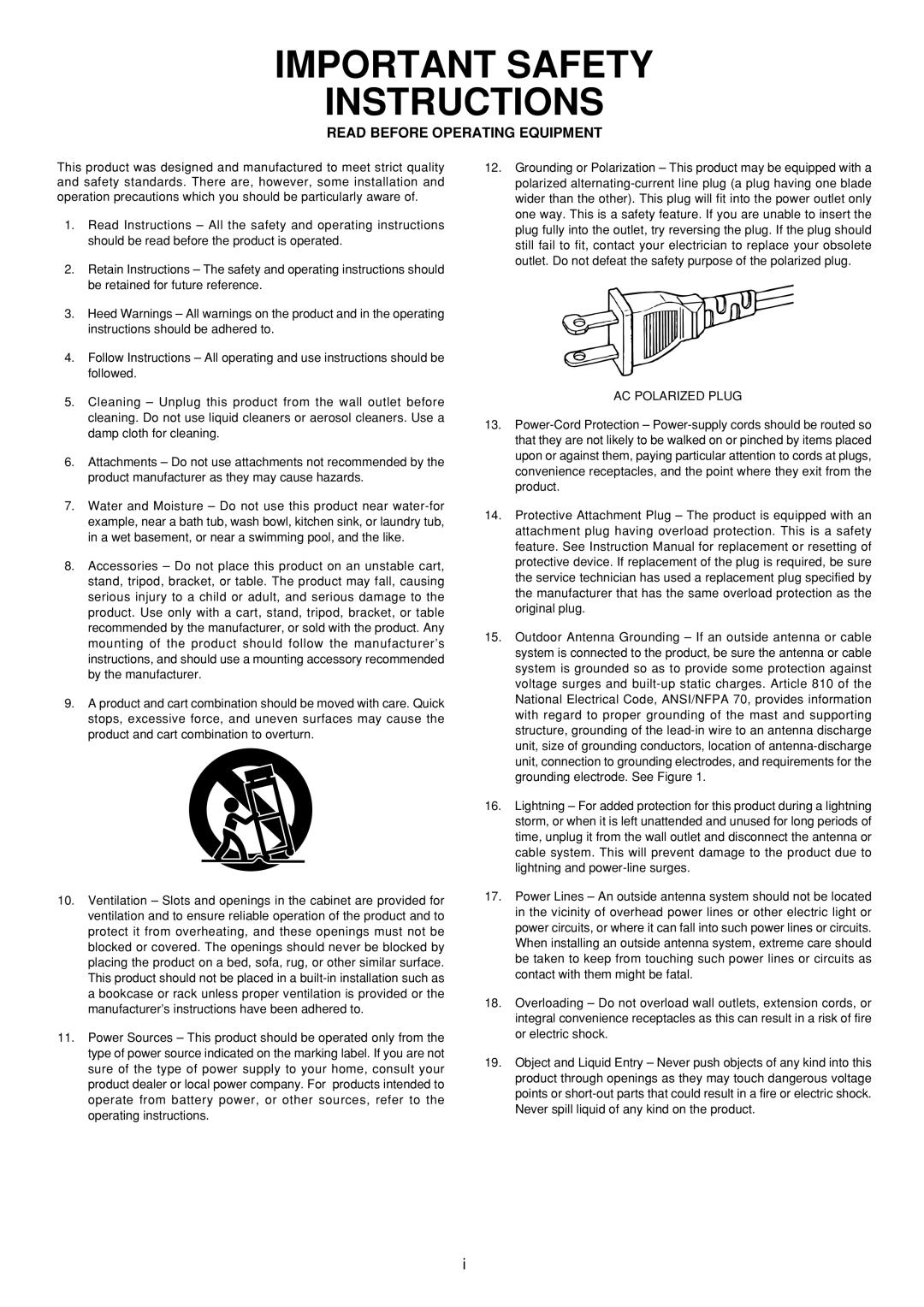 Marantz SR6300 manual Read Before Operating Equipment, AC Polarized Plug 