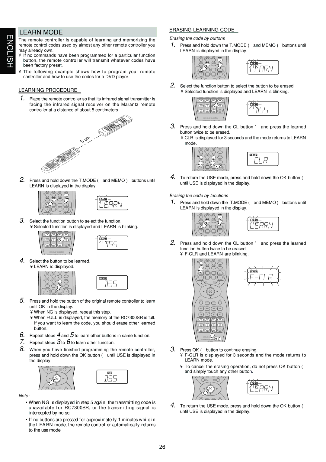 Marantz SR6300 manual Learn Mode, Learning Procedure, Erasing Learning Code, Erasing the code by buttons 