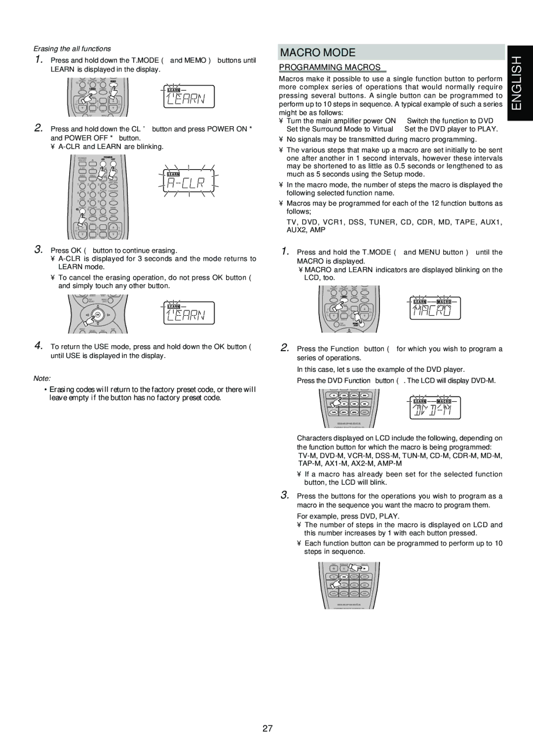 Marantz SR6300 manual Macro Mode, Programming Macros, Erasing the all functions 