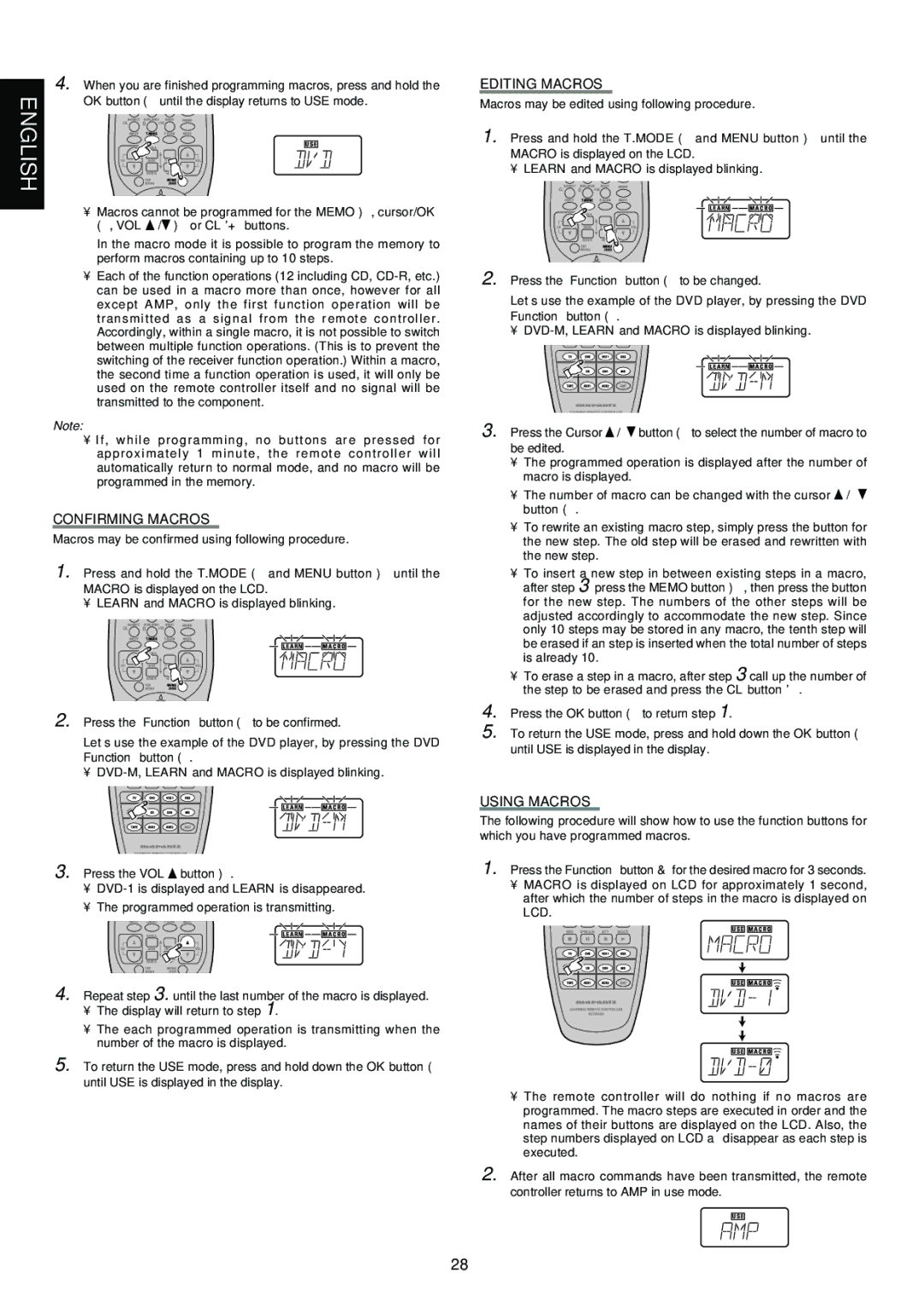 Marantz SR6300 manual Confirming Macros, Editing Macros, Using Macros 