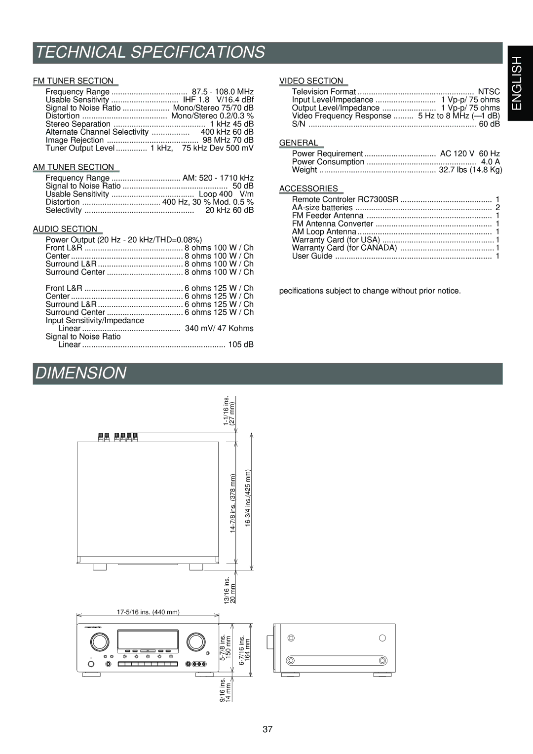 Marantz SR6300 manual Technical Specifications, Dimension 