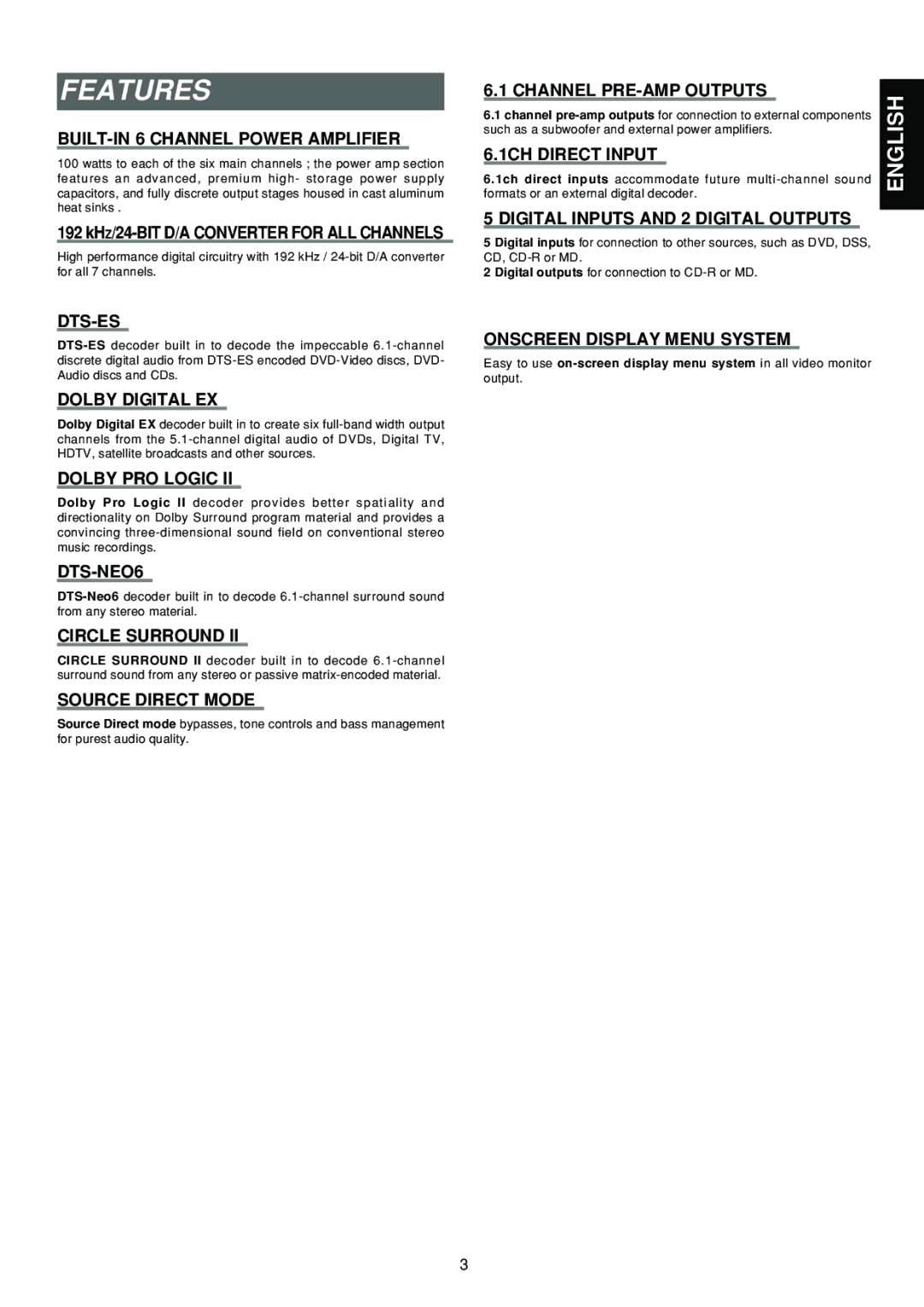 Marantz SR6300 manual Features, BUILT-IN 6 Channel Power Amplifier 