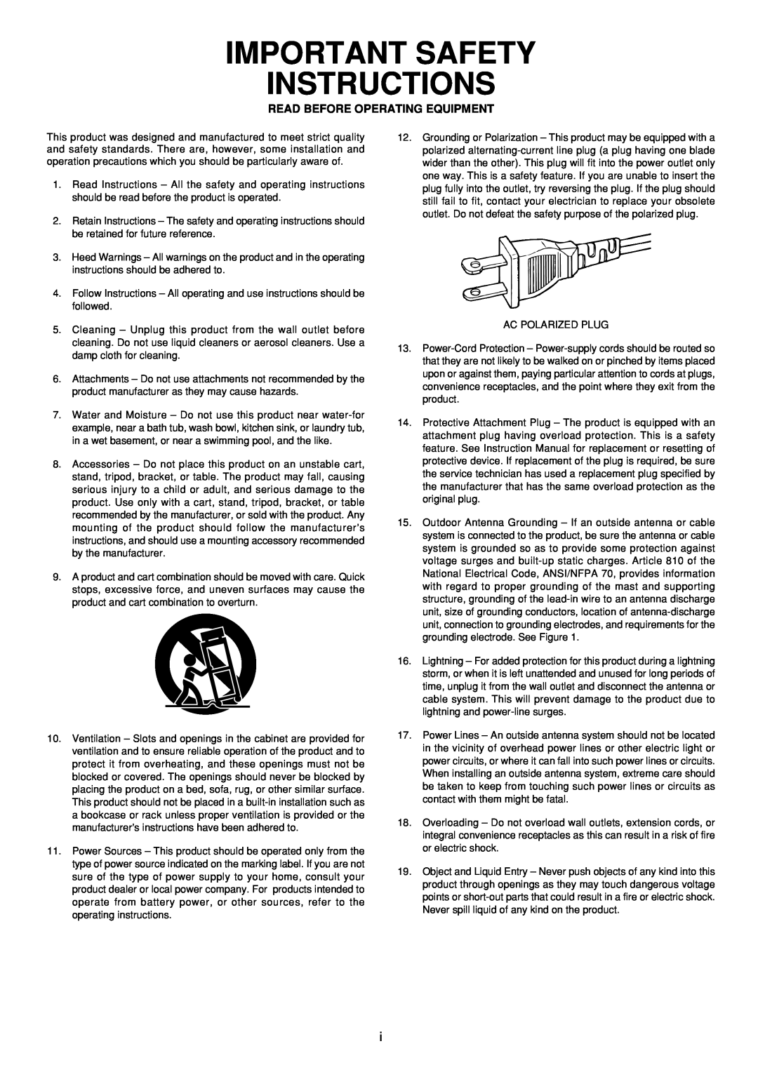 Marantz SR6300 manual Important Safety Instructions, Read Before Operating Equipment 