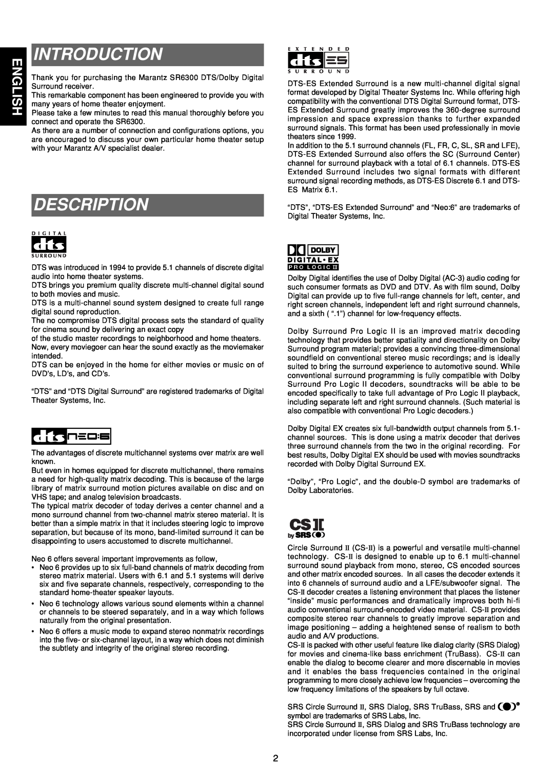 Marantz SR6300 manual Introduction, Description 