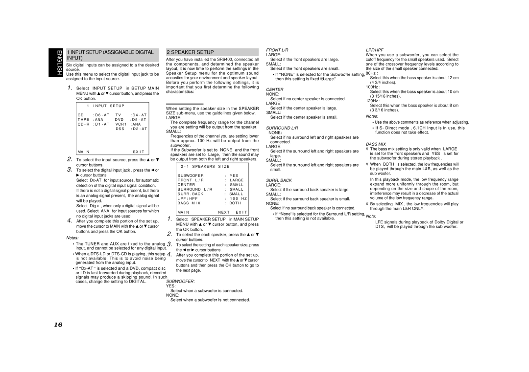 Marantz SR6400 manual Input, Speaker Setup 