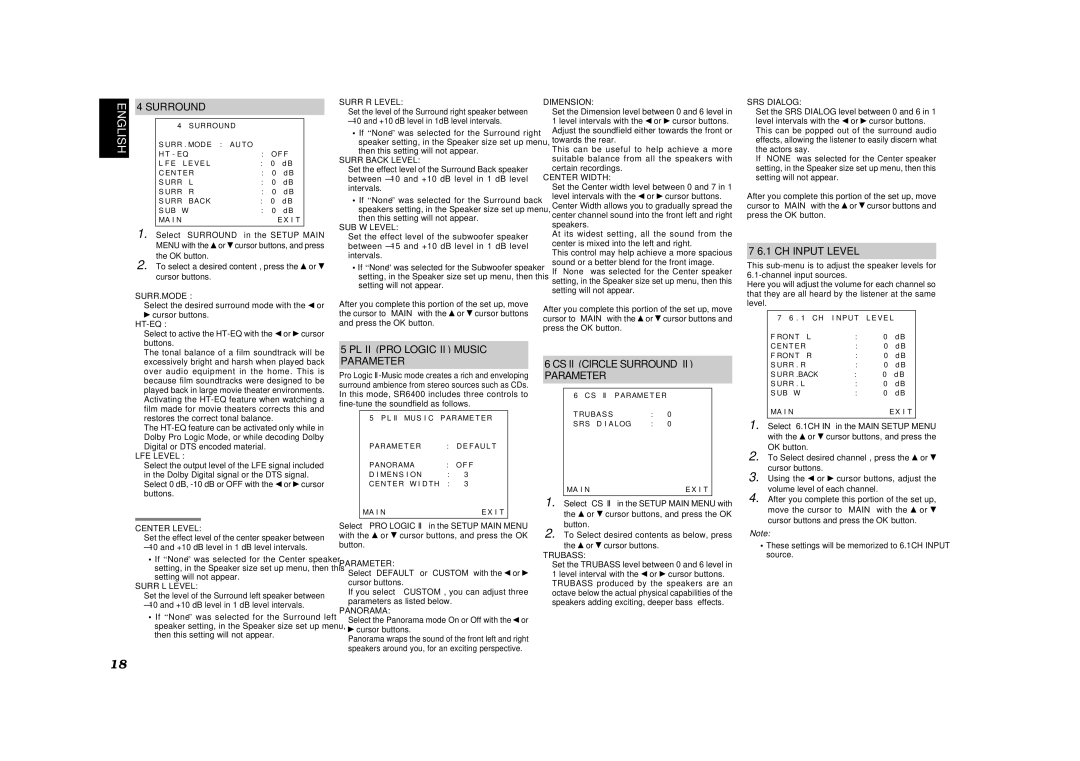 Marantz SR6400 manual PL II PRO Logic II Music Parameter, CS II Circle Surround Parameter, CH Input Level 