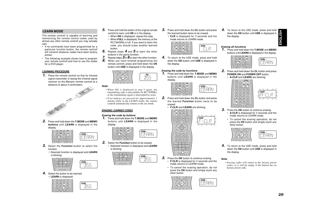 Marantz SR6400 manual Learn Mode, Erasing the code by buttons, Erasing the code by functions, Erasing all functions 