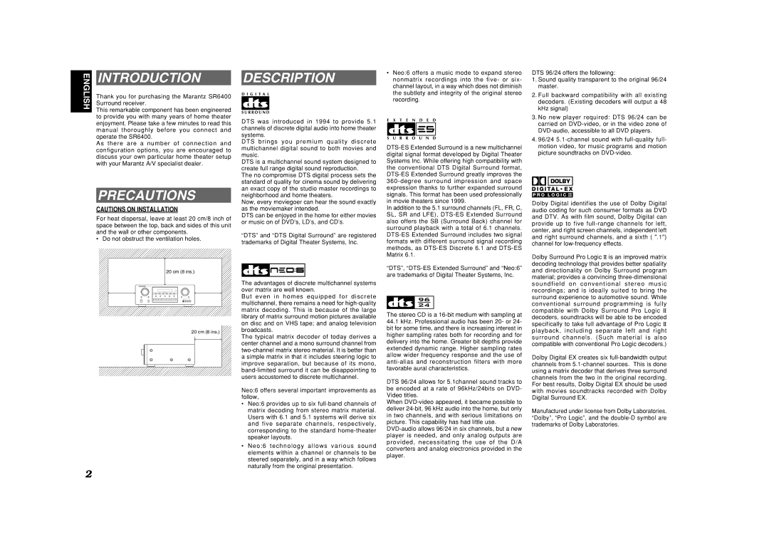 Marantz SR6400 manual Introduction, Precautions, Description 