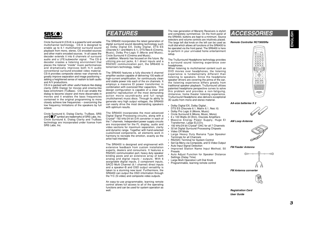 Marantz SR6400 manual Features, Accessories 