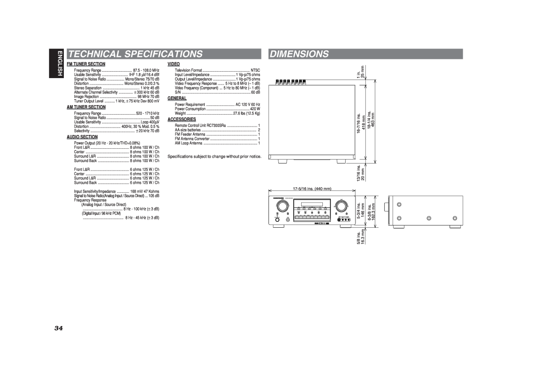 Marantz SR6400 Technical Specifications, Dimensions, English, Fm Tuner Section, Am Tuner Section, Audio Section, Video 