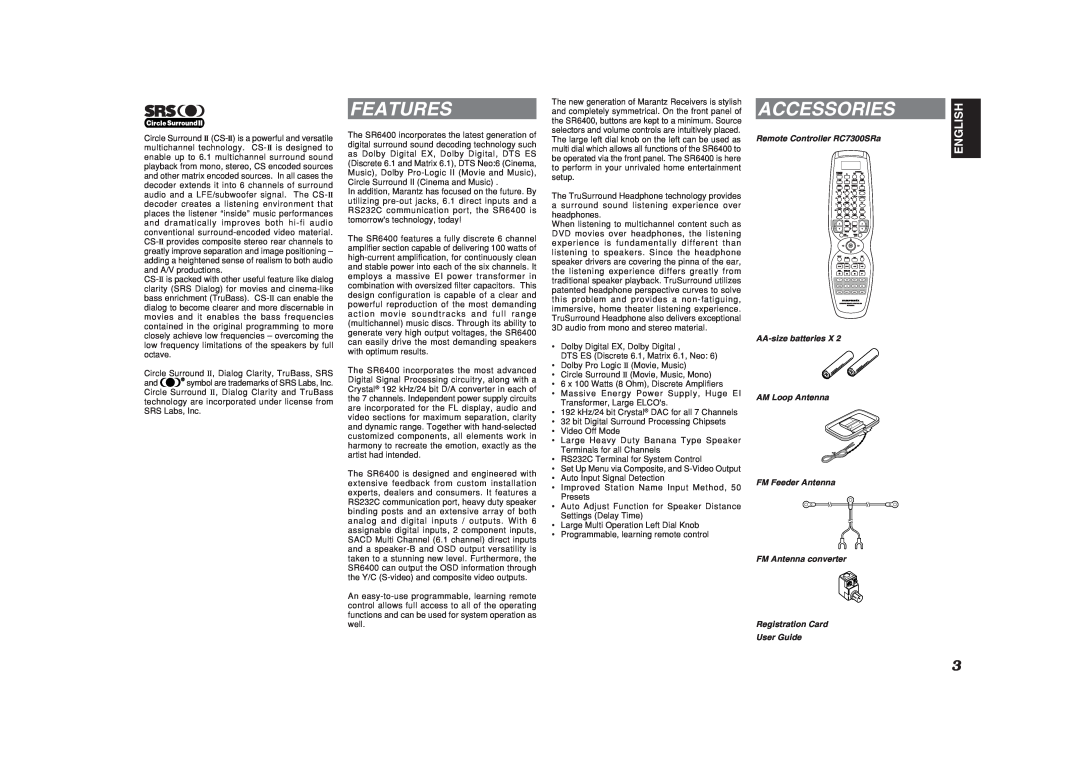 Marantz SR6400 manual Features, Accessories, English, Remote Controller RC7300SRa, AA-sizebatteries X AM Loop Antenna 