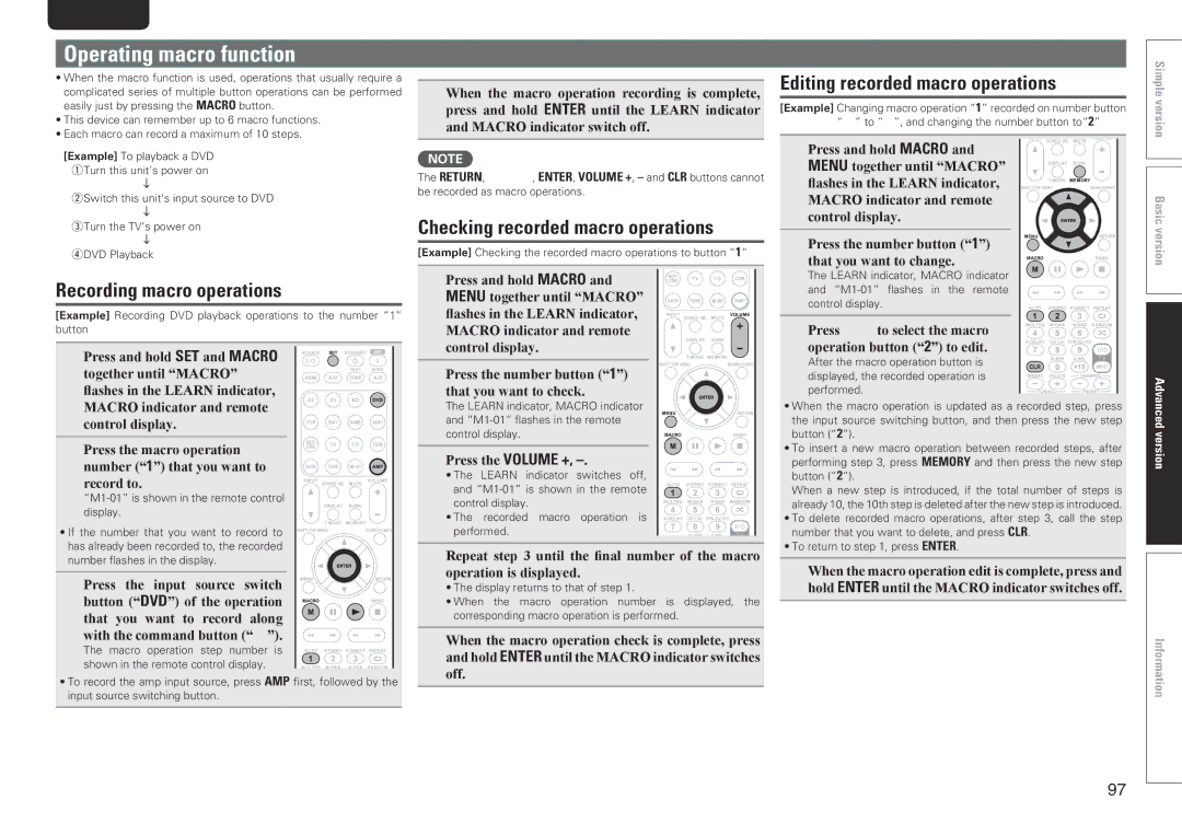 Marantz SR7005 Operating macro function, Recording macro operations, Editing recorded macro operations, Press the Volume + 