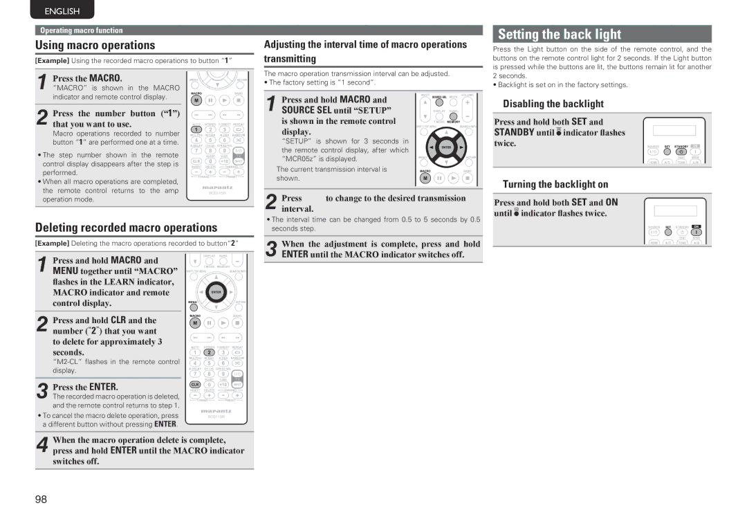 Marantz SR7005 manual Setting the back light, Using macro operations, Deleting recorded macro operations 
