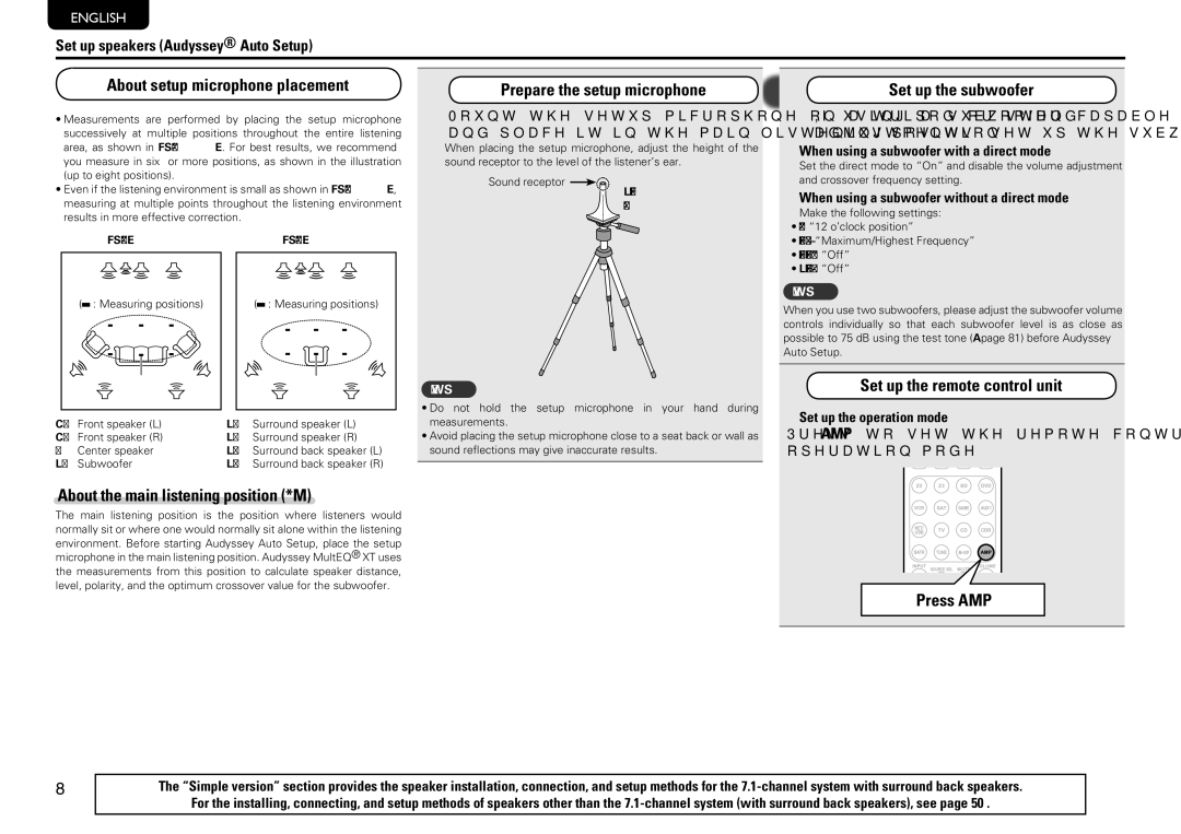 Marantz SR7005 manual About setup microphone placement, Set up the subwoofer, Set up the remote control unit, Press AMP 