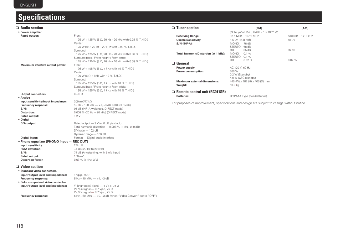 Marantz SR7005 manual Specifications, Nn Audio section, Nn Tuner section, Nn General, Nn Video section 