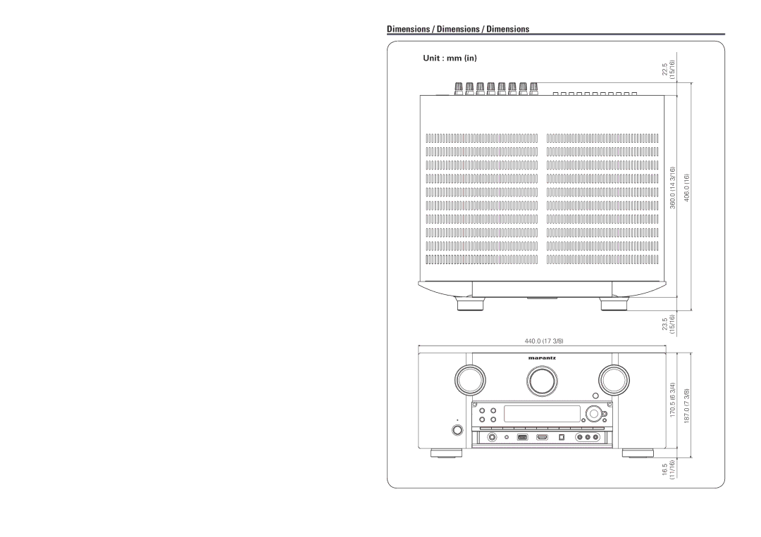 Marantz SR7005 manual Dimensions / Dimensions / Dimensions, Unit mm 