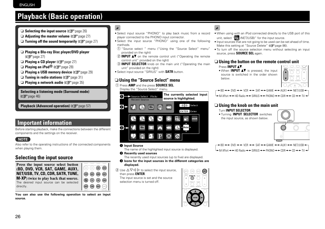 Marantz SR7005 manual Playback Basic operation, Selecting the input source, NnUsing the Source Select menu 