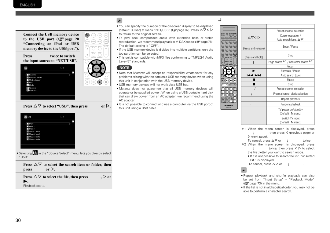 Marantz SR7005 Playing files stored on USB memory devices, NnUSB operation, Press ui to select USB, then press Enter or p 