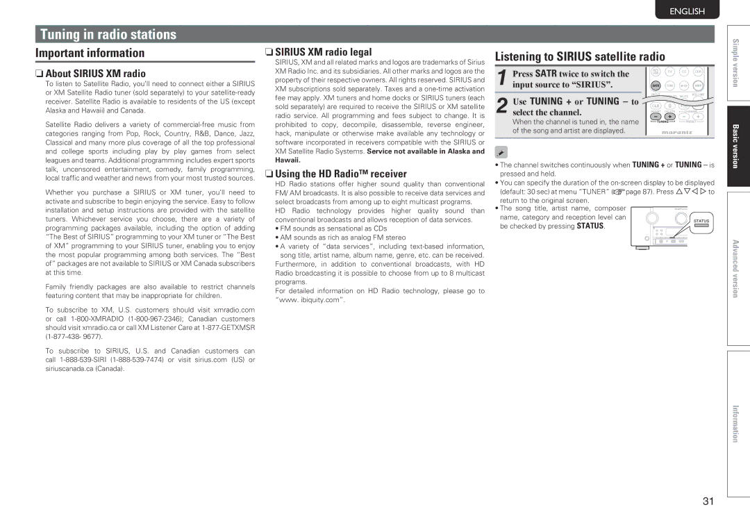Marantz SR7005 manual Tuning in radio stations, Listening to Sirius satellite radio, NnAbout Sirius XM radio 