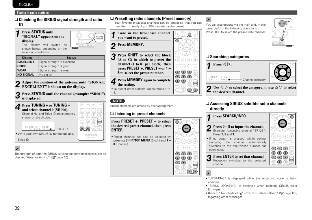 Marantz SR7005 manual NnPresetting radio channels Preset memory, NnListening to preset channels, NnSearching categories 